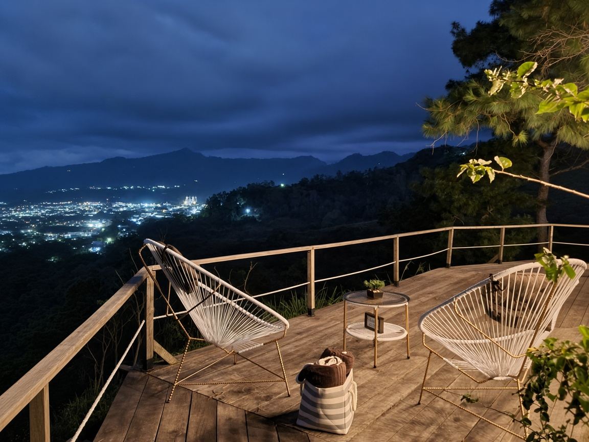 Deck con sillas colgantes y vista a la ciudad al anochecer